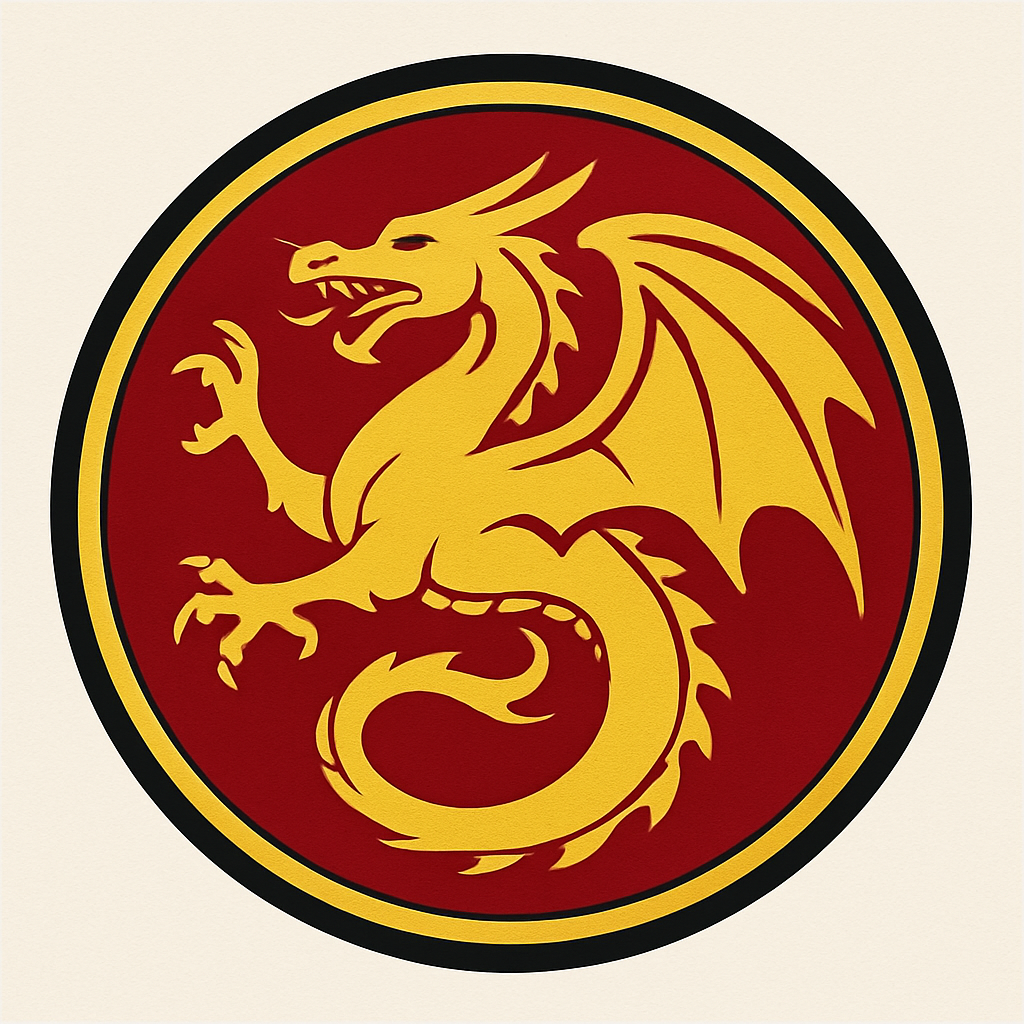 New Camelot Trading gold dragon on a red crest